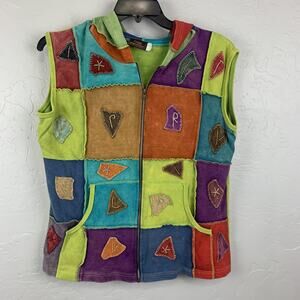 Rising International Vest Womens Medium Multicolor Patchwork Hooded Boho Pockets